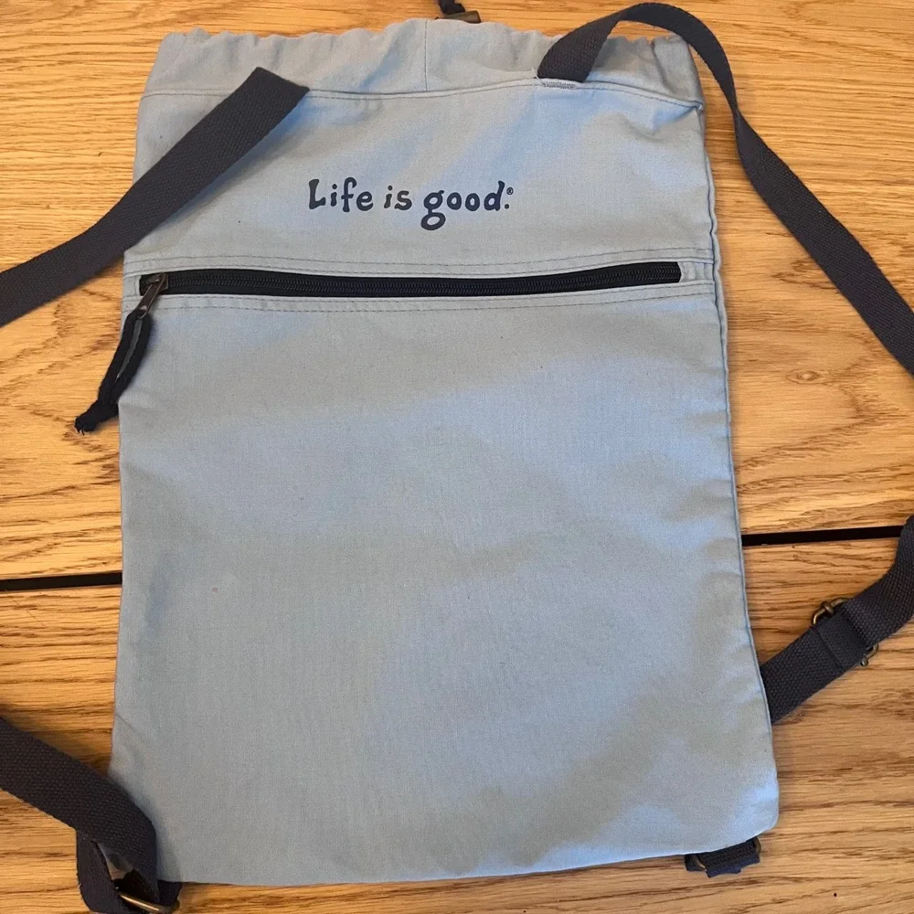 Life is Good Blue Canvas Snowflake Drawstring Backpack Cinch Bag with Zip Pocket